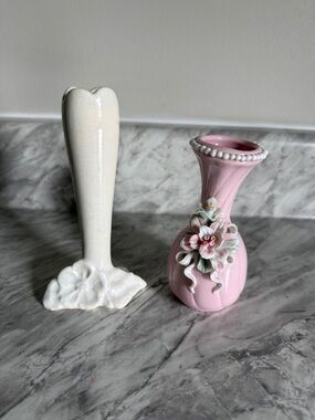 Pink Porcelain Floral Bud Vase with Raised Applique/ bundle antique vintage